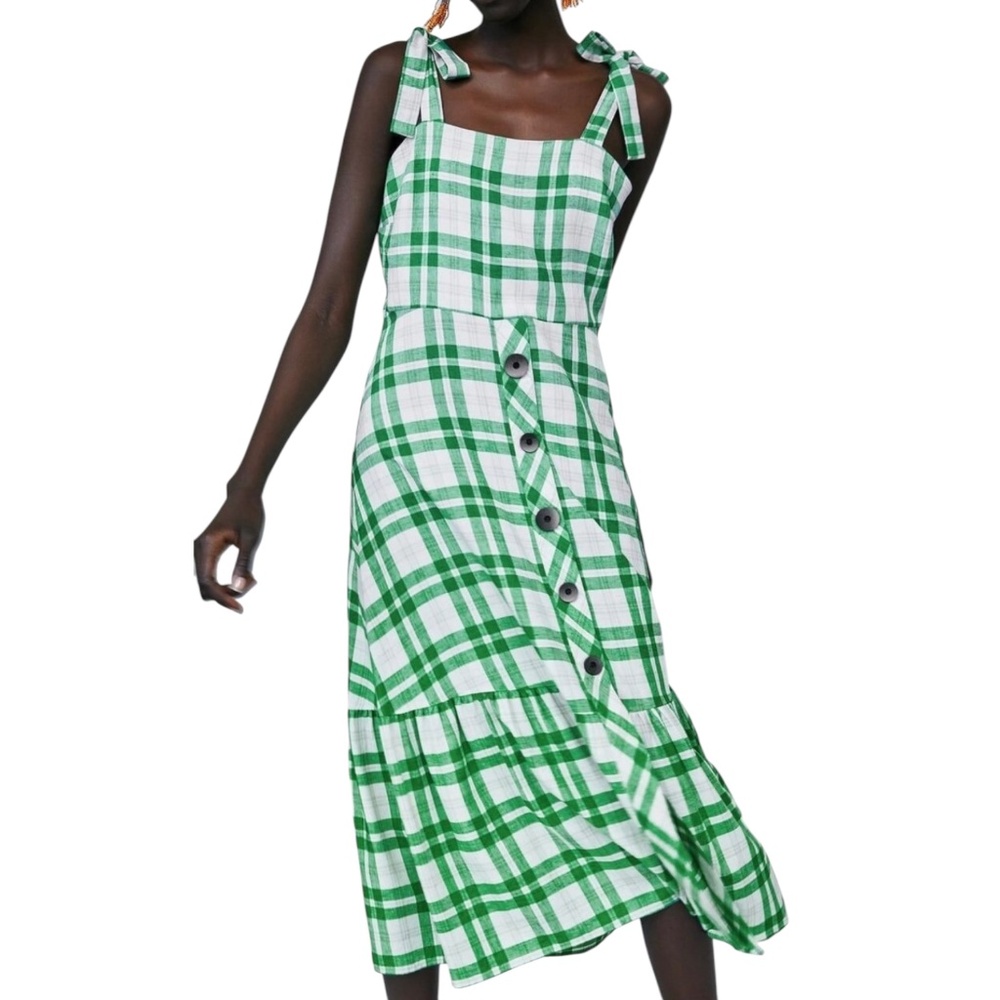 Zara midi dress green plaid buttons ruffle cottagecore garden picnic sundress S